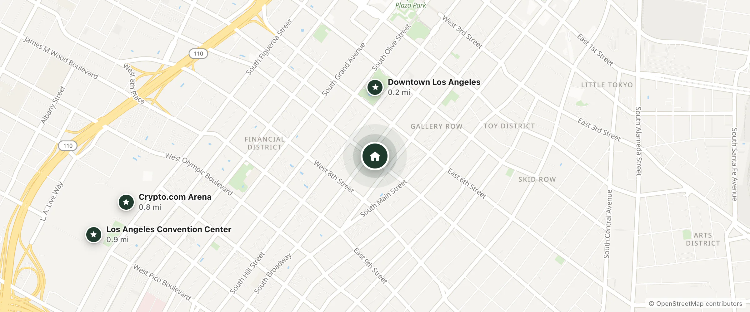 Map of The Haas Suites and nearby Downtown Los Angeles, Crypto.com Arena and Los Angeles Convention Center