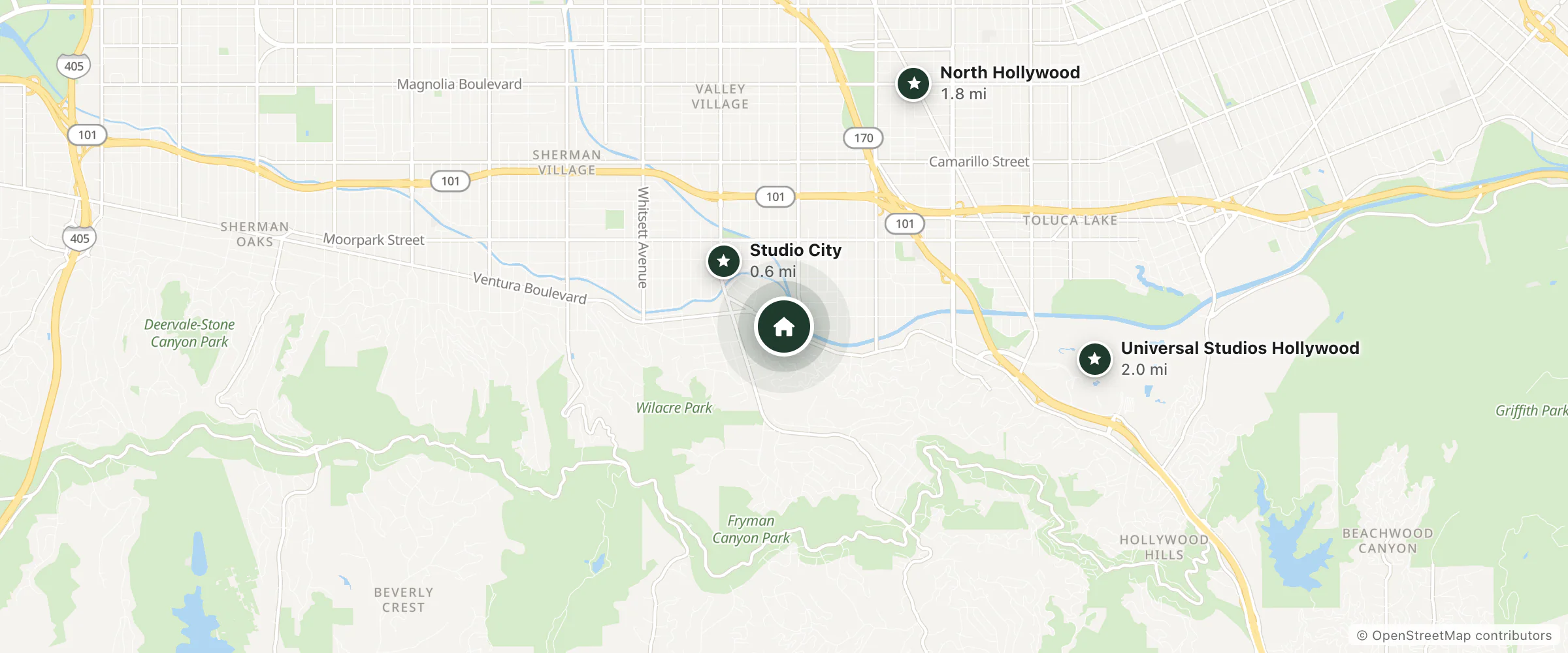 Map of Carlton Motor Lodge and nearby Studio City, North Hollywood and Universal Studios Hollywood