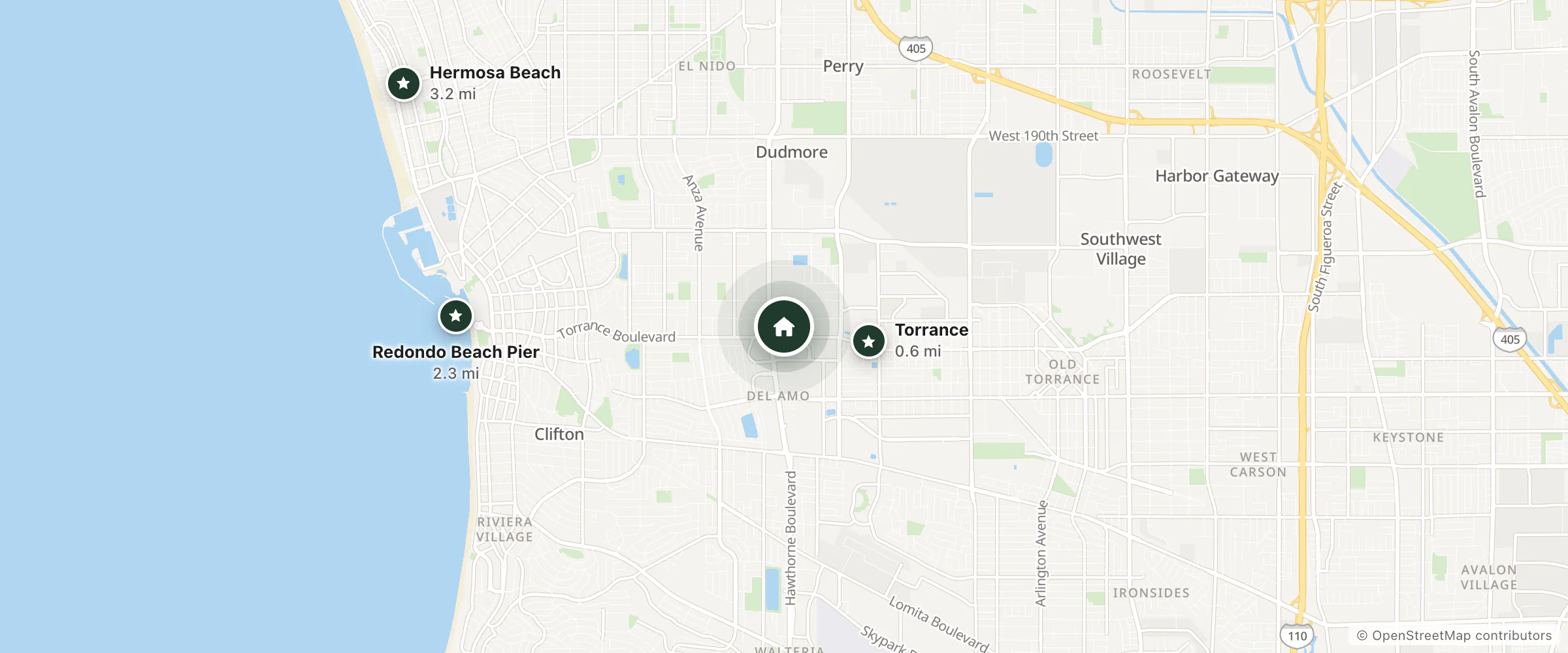 Map of Residence Inn by Marriott Los Angeles Torrance/Redondo Beach and nearby Torrance, Redondo Beach Pier and Hermosa Beach