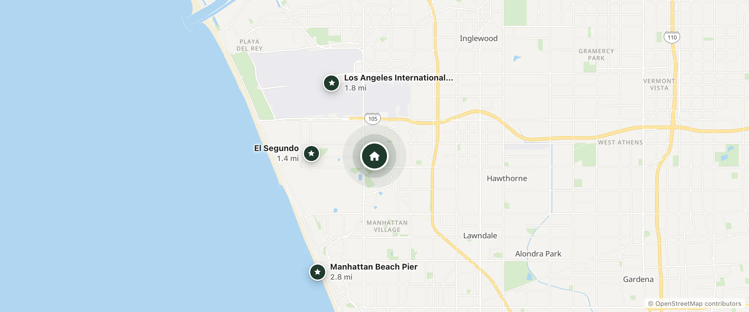 Map of DoubleTree by Hilton Hotel LAX El Segundo and nearby El Segundo, Los Angeles International Airport and Manhattan Beach Pier