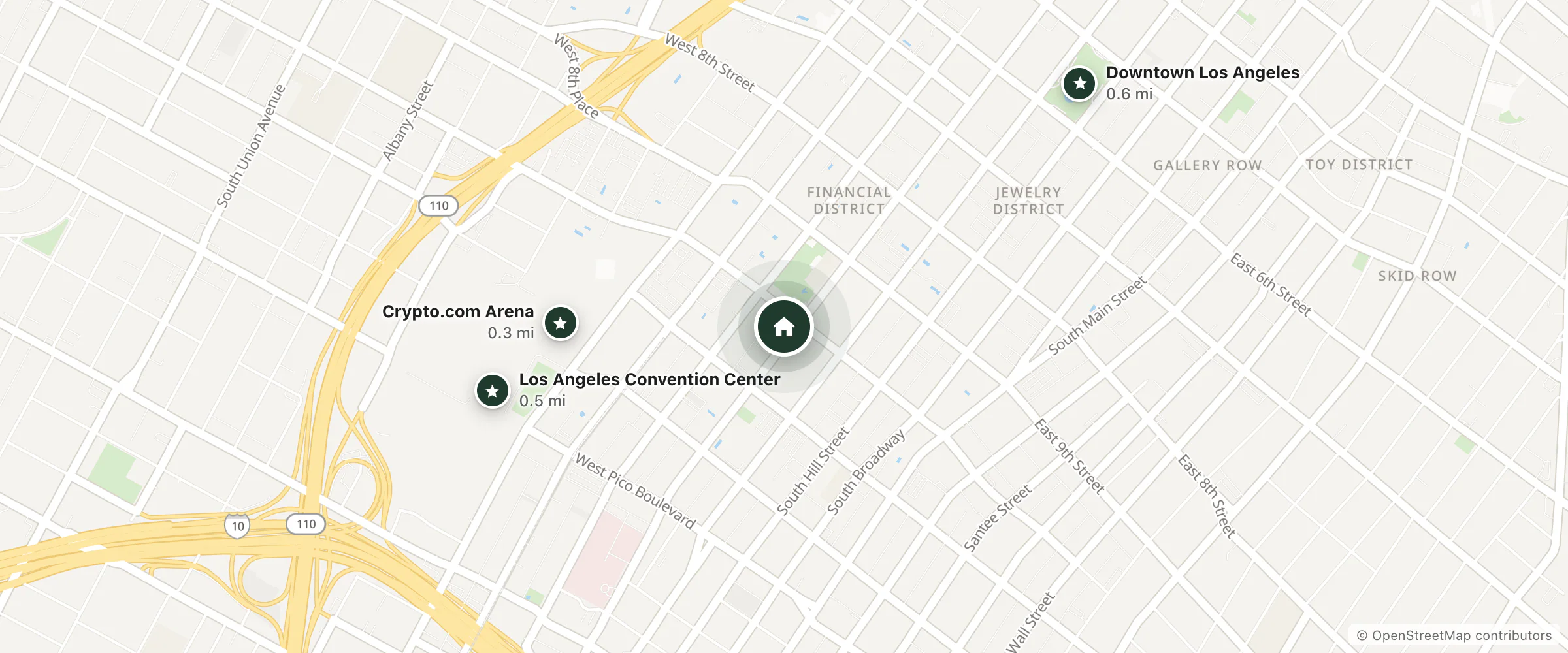 Map of Llaves Dtla Staples Center and nearby Crypto.com Arena, Los Angeles Convention Center and Downtown Los Angeles
