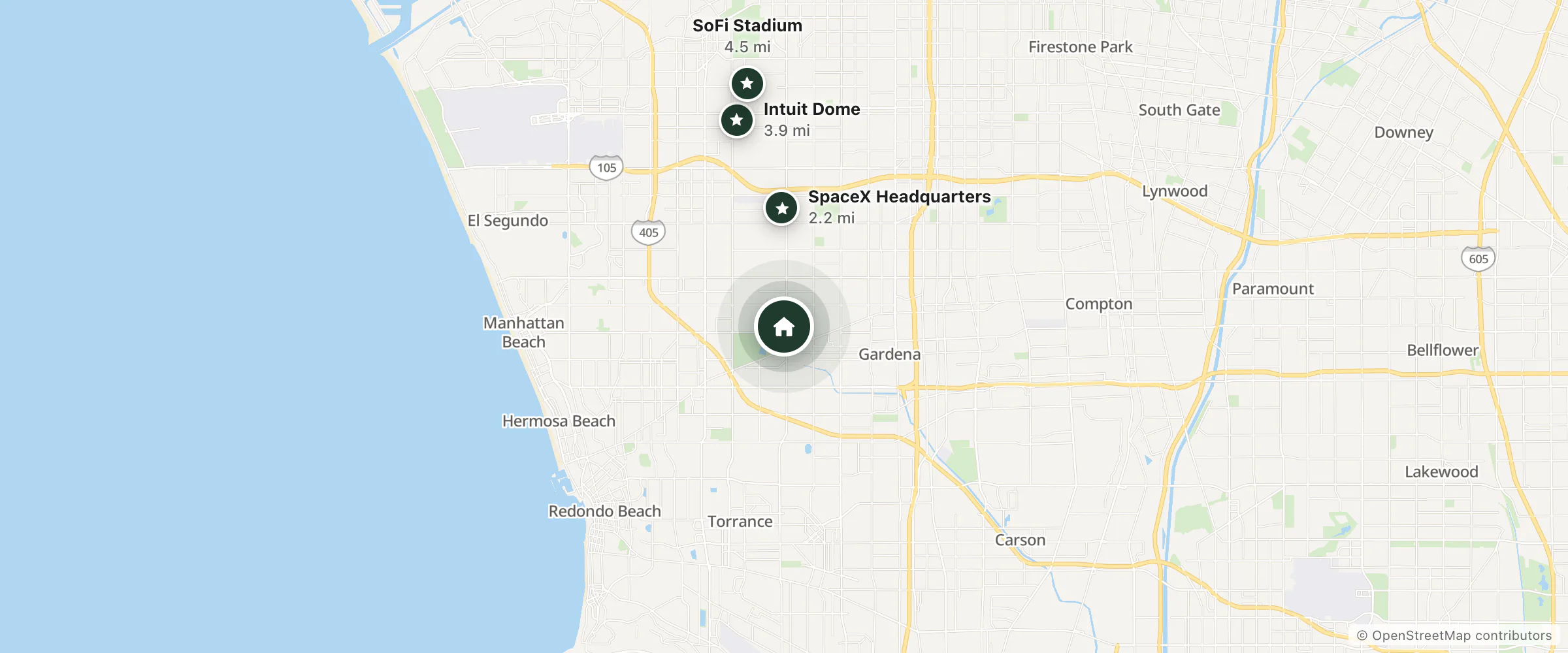 Map of Camino Palms and nearby SpaceX Headquarters, Intuit Dome and SoFi Stadium