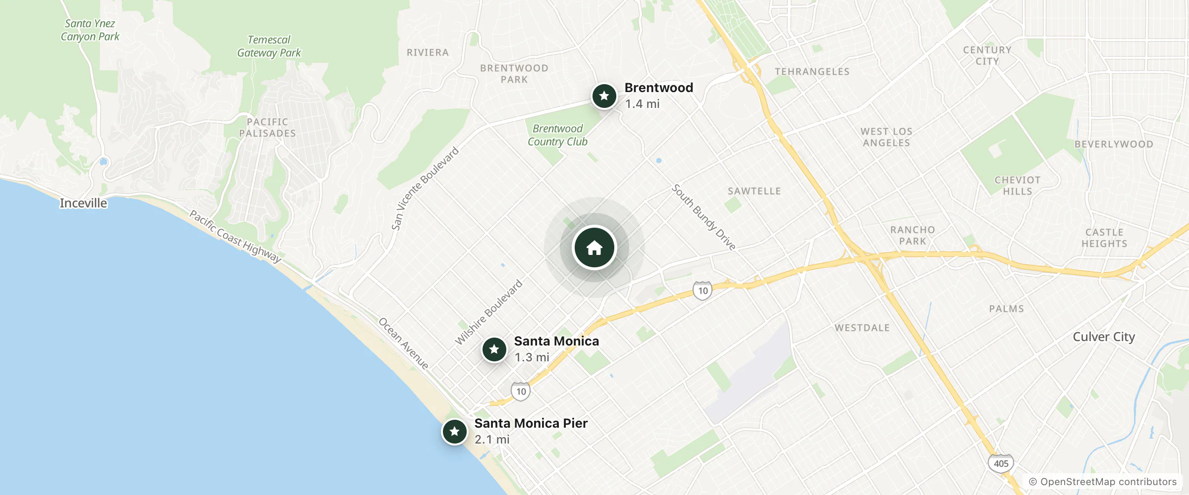 Map of La Hamaca Hostel and nearby Santa Monica, Brentwood and Santa Monica Pier