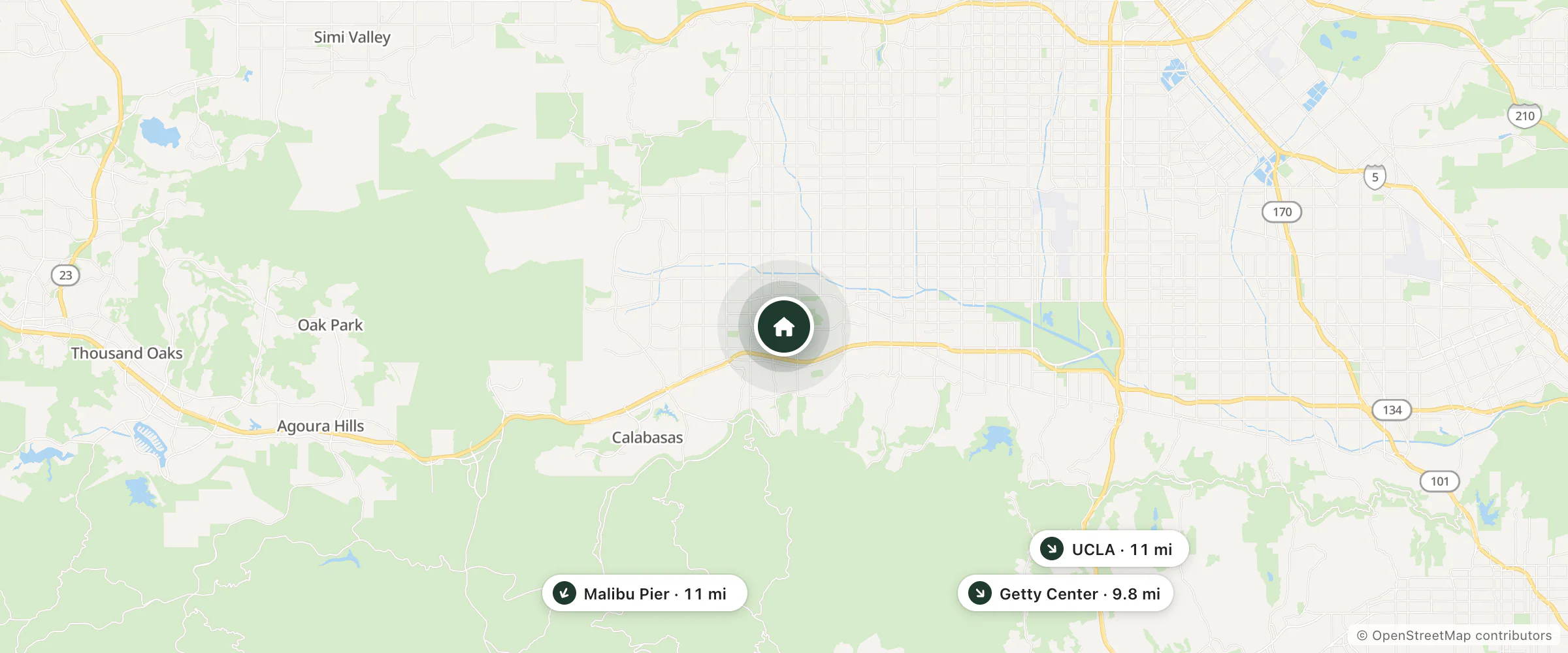 Map of Home2 Suites by Hilton Woodland Hills Los Angeles and nearby Getty Center, Malibu Pier and UCLA