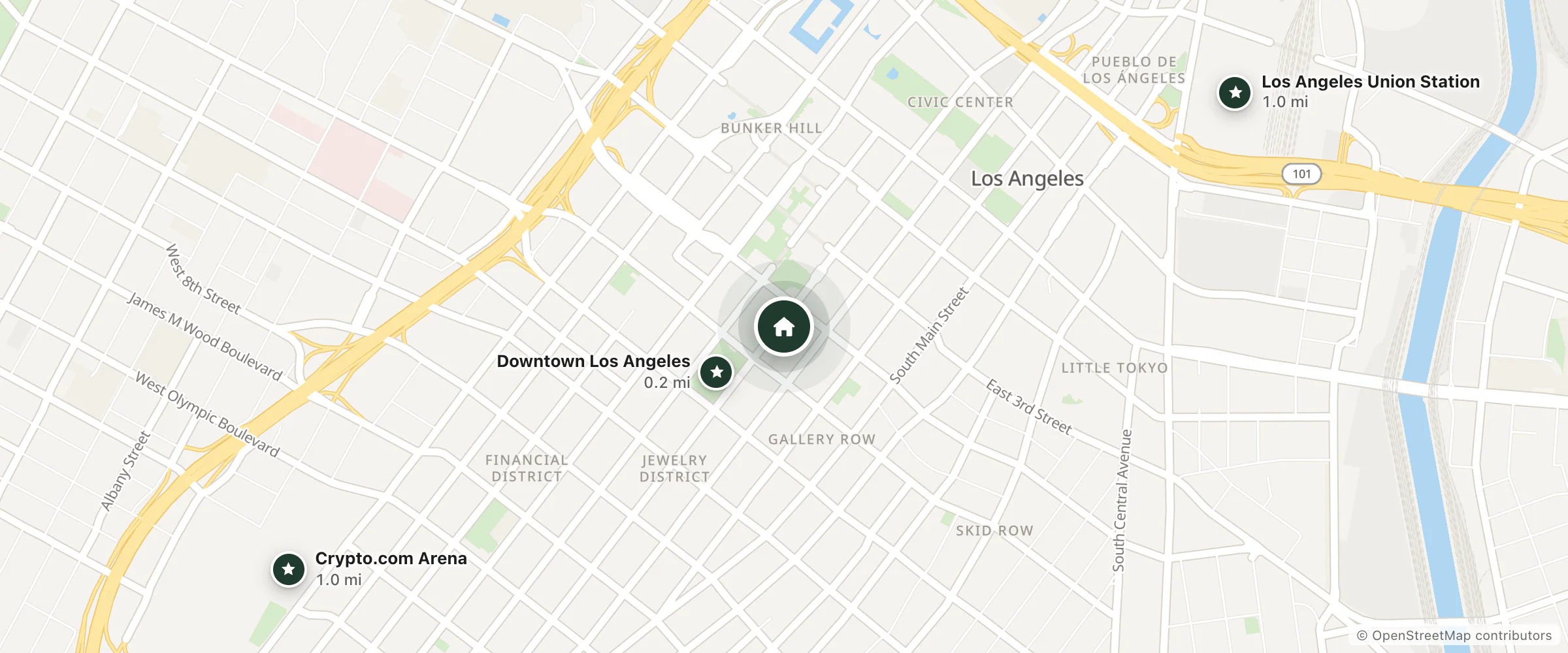 Map of Hotel Clark and nearby Downtown Los Angeles, Los Angeles Union Station and Crypto.com Arena