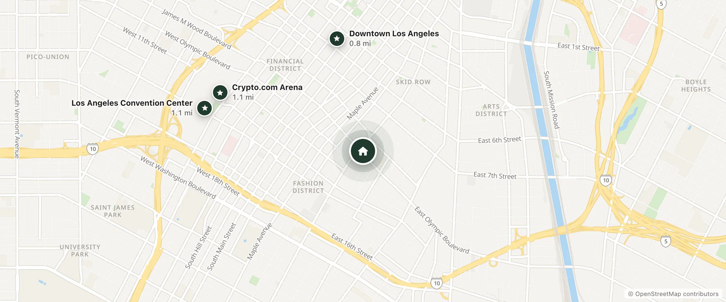 Map of Union Hotel and nearby Downtown Los Angeles, Crypto.com Arena and Los Angeles Convention Center