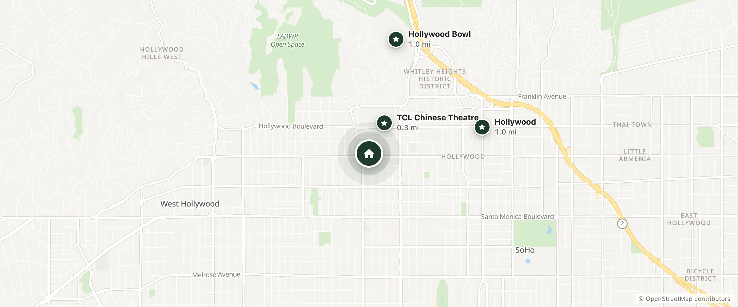Map of Comfort Inn Hollywood Walk of Fame and nearby TCL Chinese Theatre, Hollywood and Hollywood Bowl