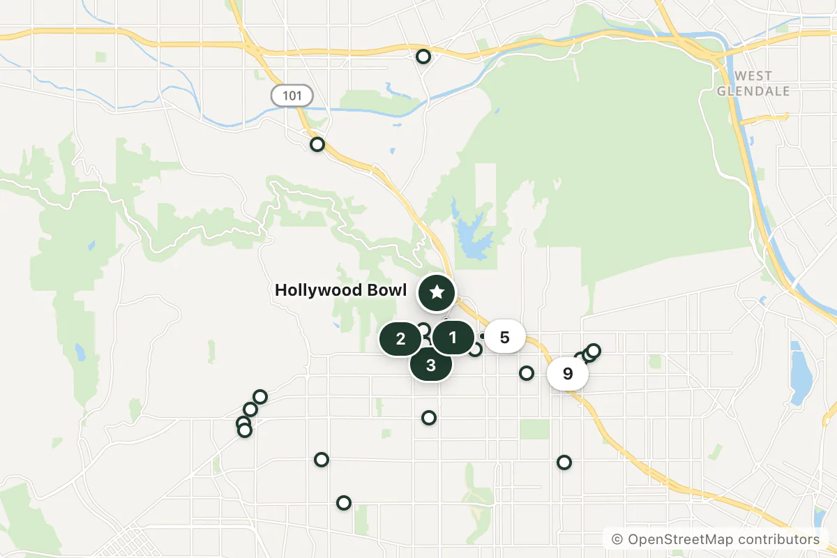 Map of the top 23 hotels for this question around Hollywood Bowl