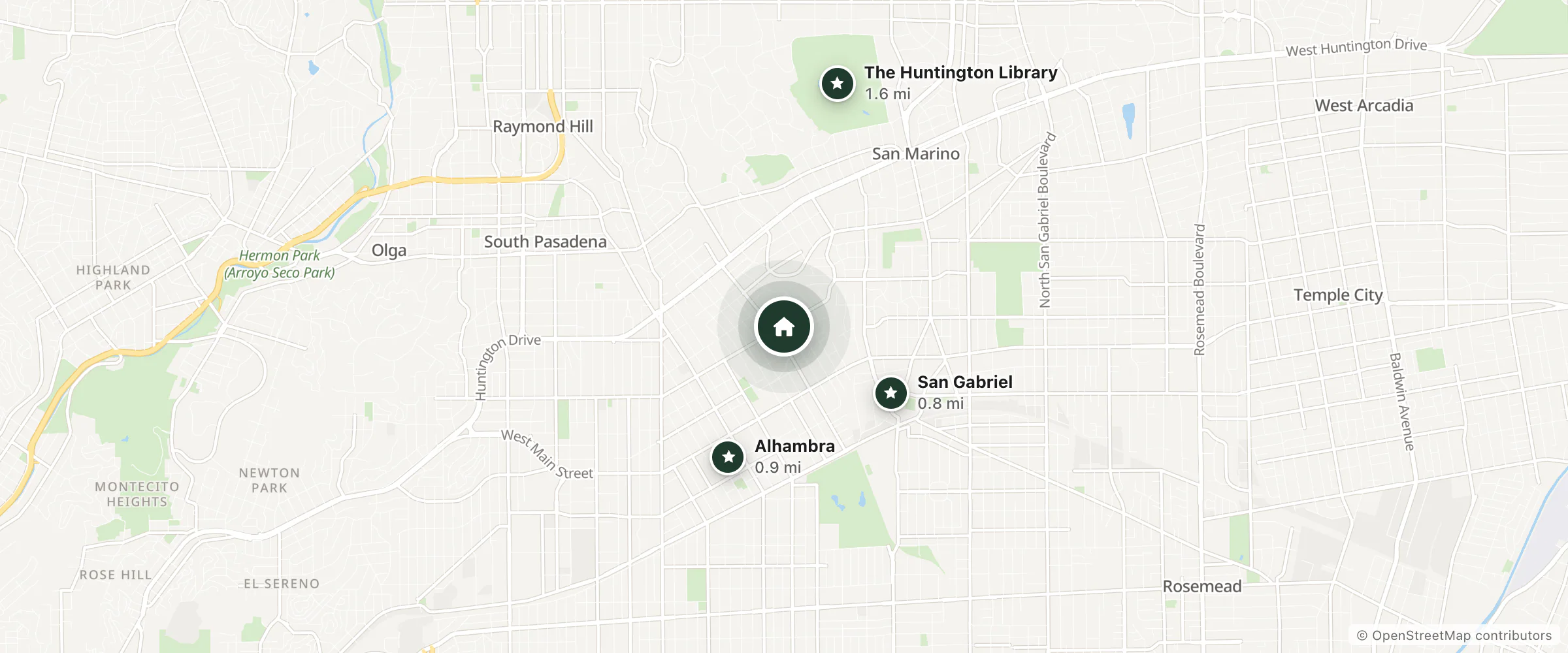 Map of Sacred Heart Retreat House and nearby San Gabriel, Alhambra and The Huntington Library