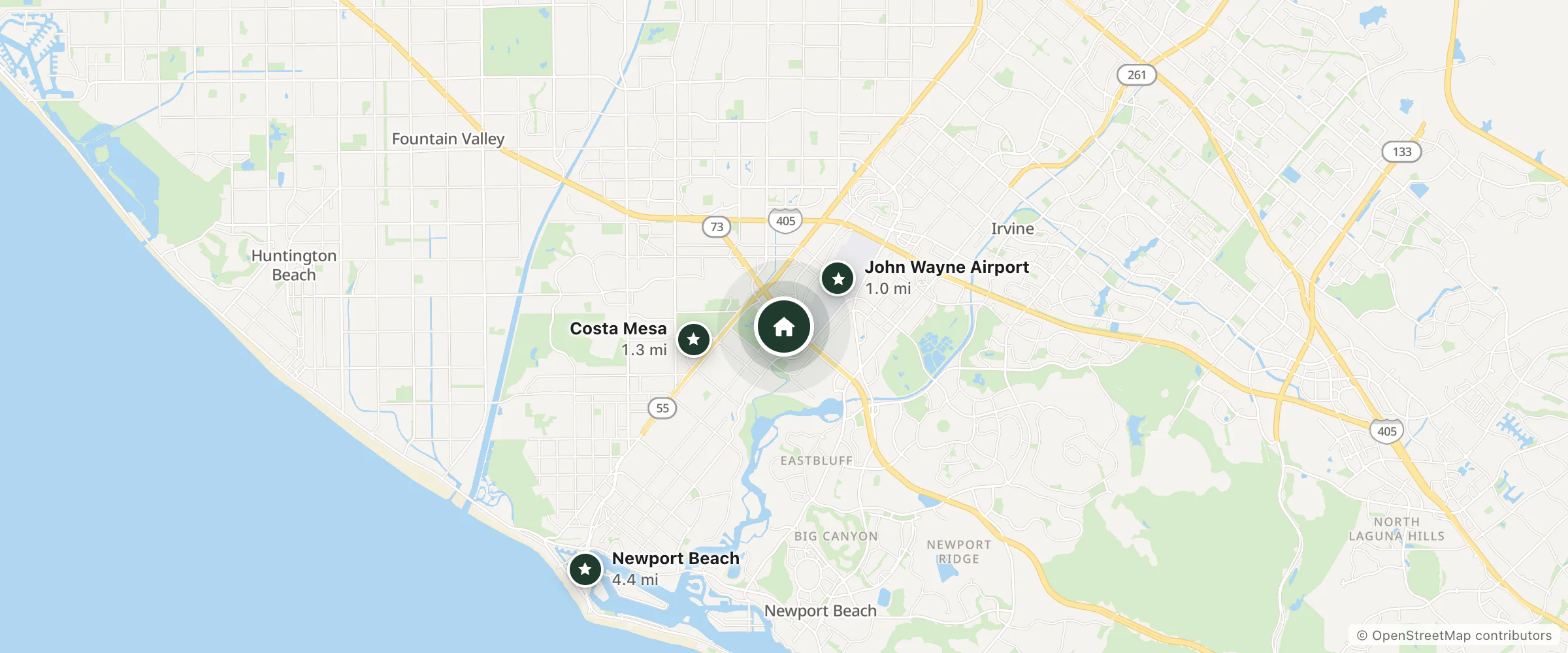 Map of Ayres Hotel Costa Mesa and nearby John Wayne Airport, Costa Mesa and Newport Beach