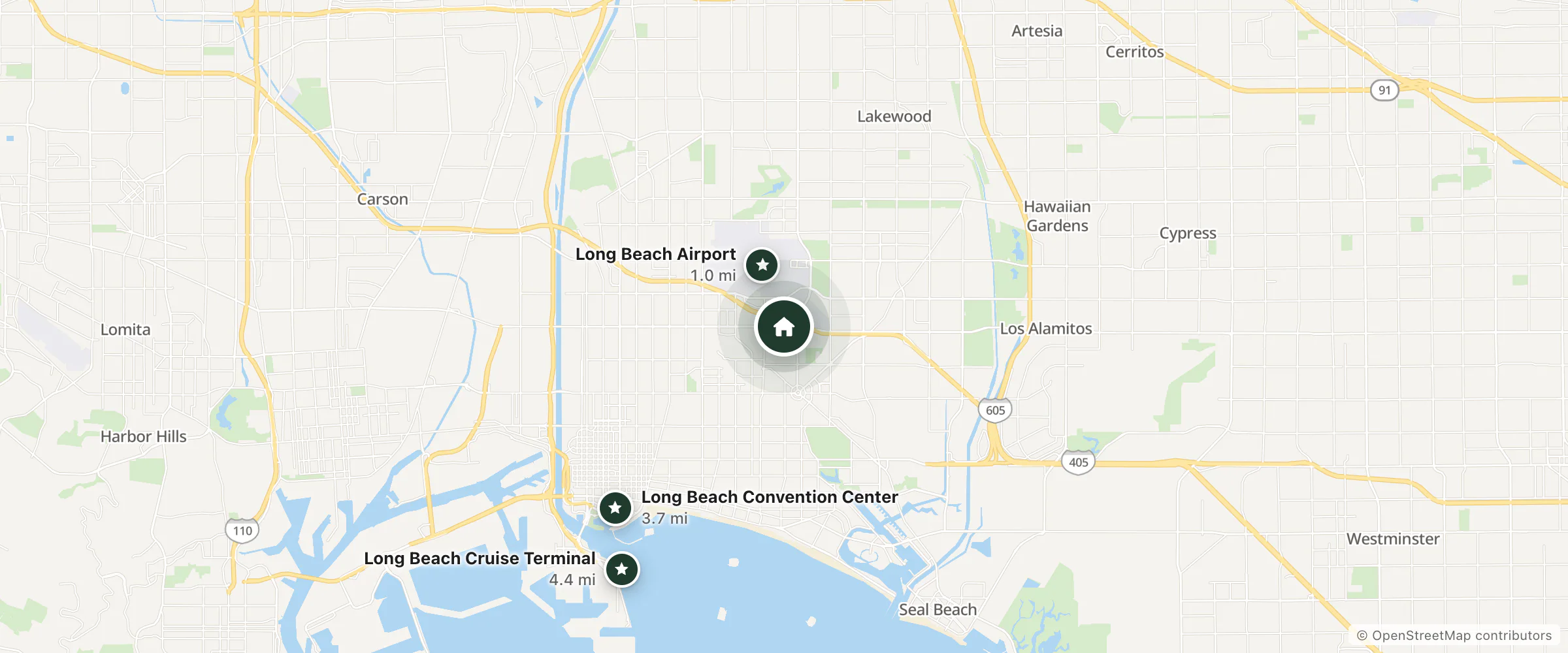 Map of Extended Stay America - Los Angeles - Long Beach Airport and nearby Long Beach Airport, Long Beach Convention Center and Long Beach Cruise Terminal
