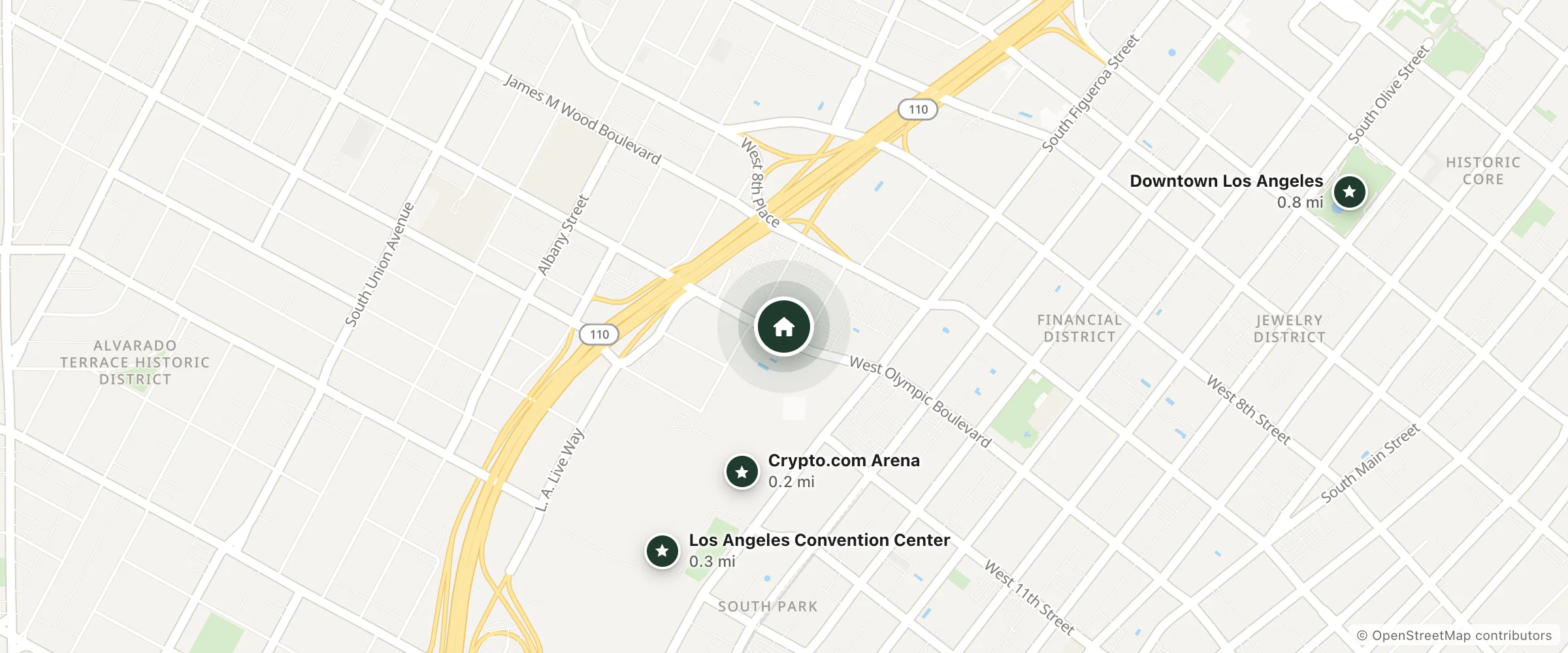 Map of โรงแรมริทซ์-คาร์ลตัน ลอสแองเจลีส and nearby Crypto.com Arena, Los Angeles Convention Center and Downtown Los Angeles