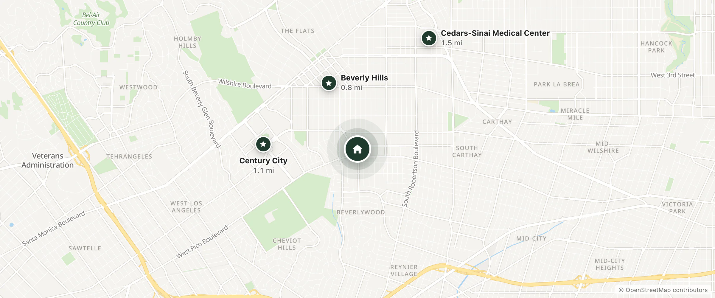 Map of Beverly Hills Marriott and nearby Beverly Hills, Century City and Cedars-Sinai Medical Center