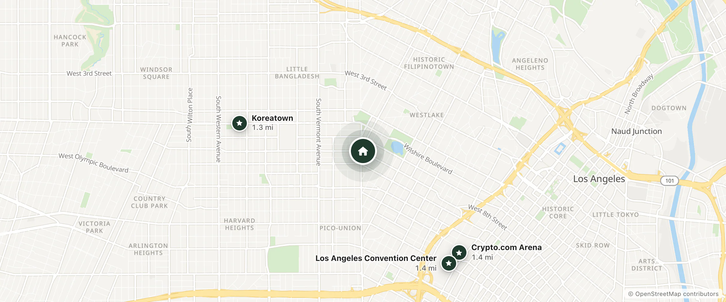 Map of Stratford Hotel and nearby Koreatown, Crypto.com Arena and Los Angeles Convention Center