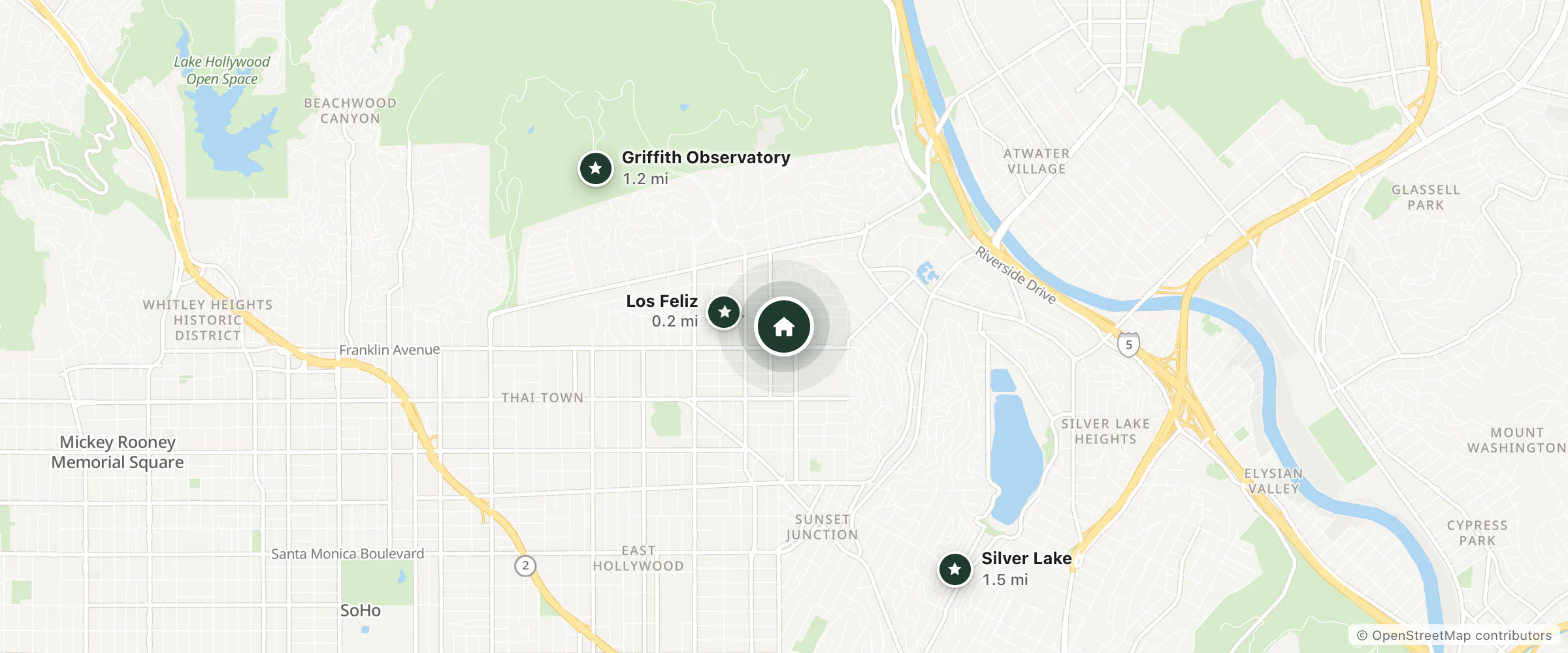Map of Suites of the World and nearby Los Feliz, Griffith Observatory and Silver Lake
