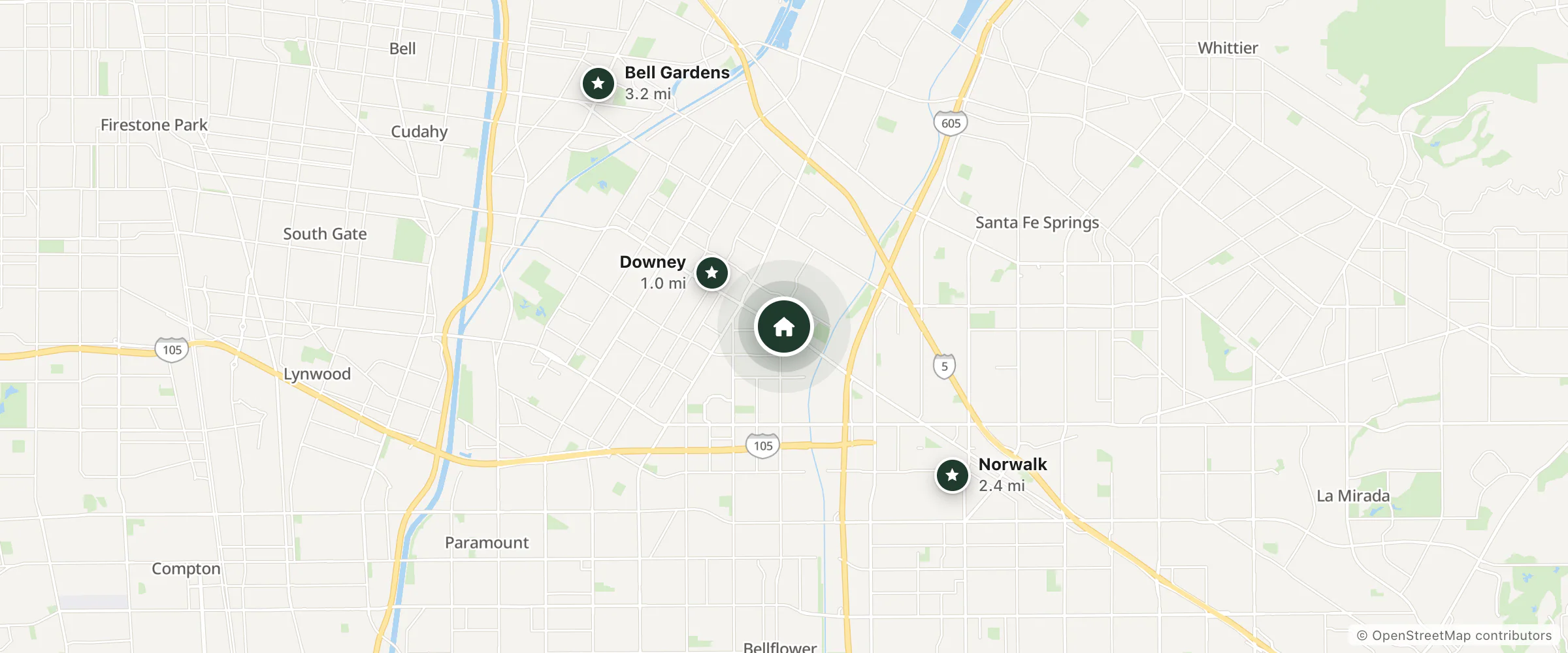 Map of Courtyard Motel and nearby Downey, Norwalk and Bell Gardens