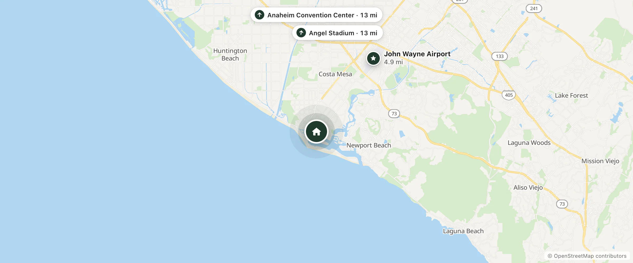 Map of Holiday Inn Express Newport Beach and nearby John Wayne Airport, Anaheim Convention Center and Angel Stadium