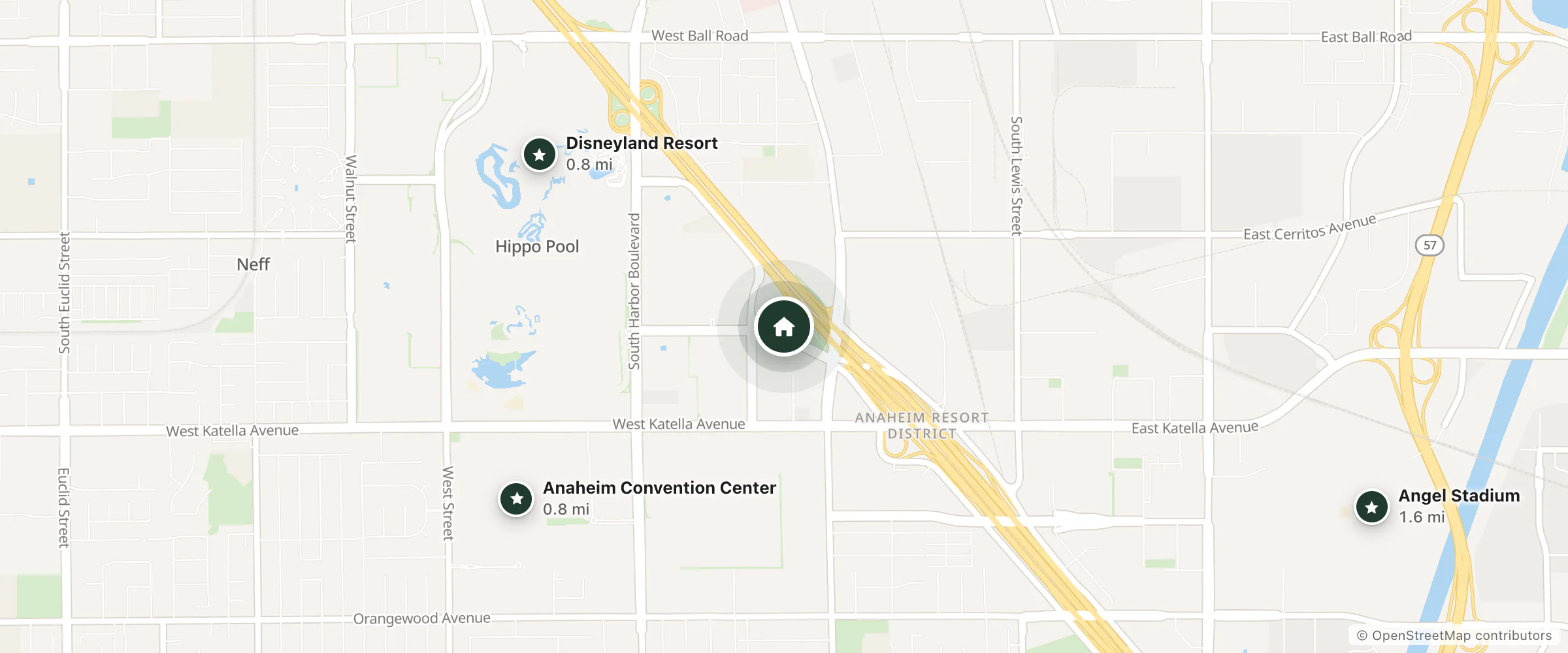 Map of Red Roof Inn Anaheim and nearby Disneyland Resort, Anaheim Convention Center and Angel Stadium