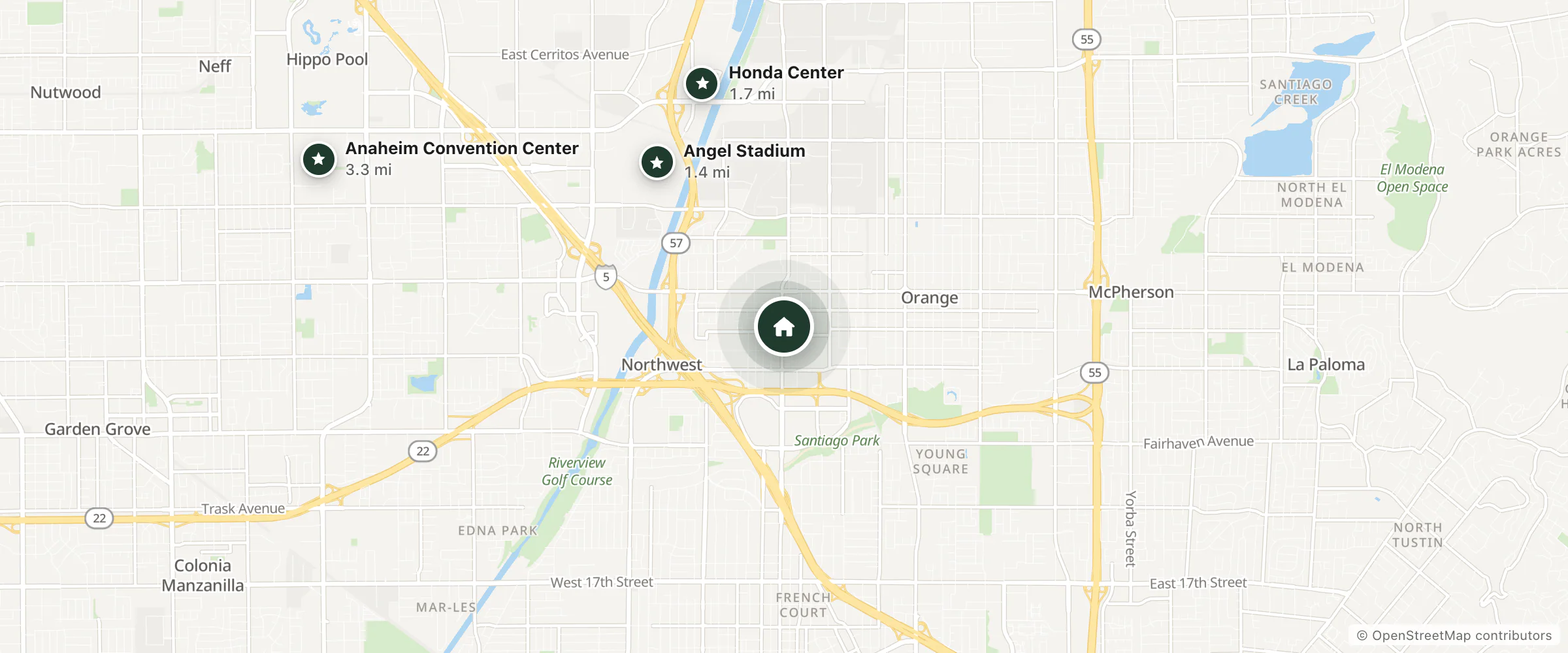Map of Days Inn and nearby Angel Stadium, Honda Center and Anaheim Convention Center