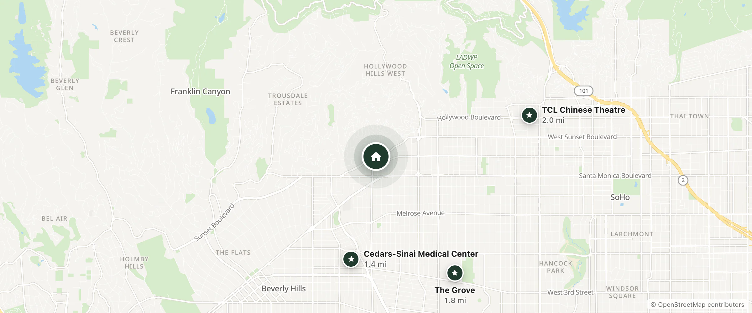 Map of 1 Hotel and nearby Cedars-Sinai Medical Center, The Grove and TCL Chinese Theatre