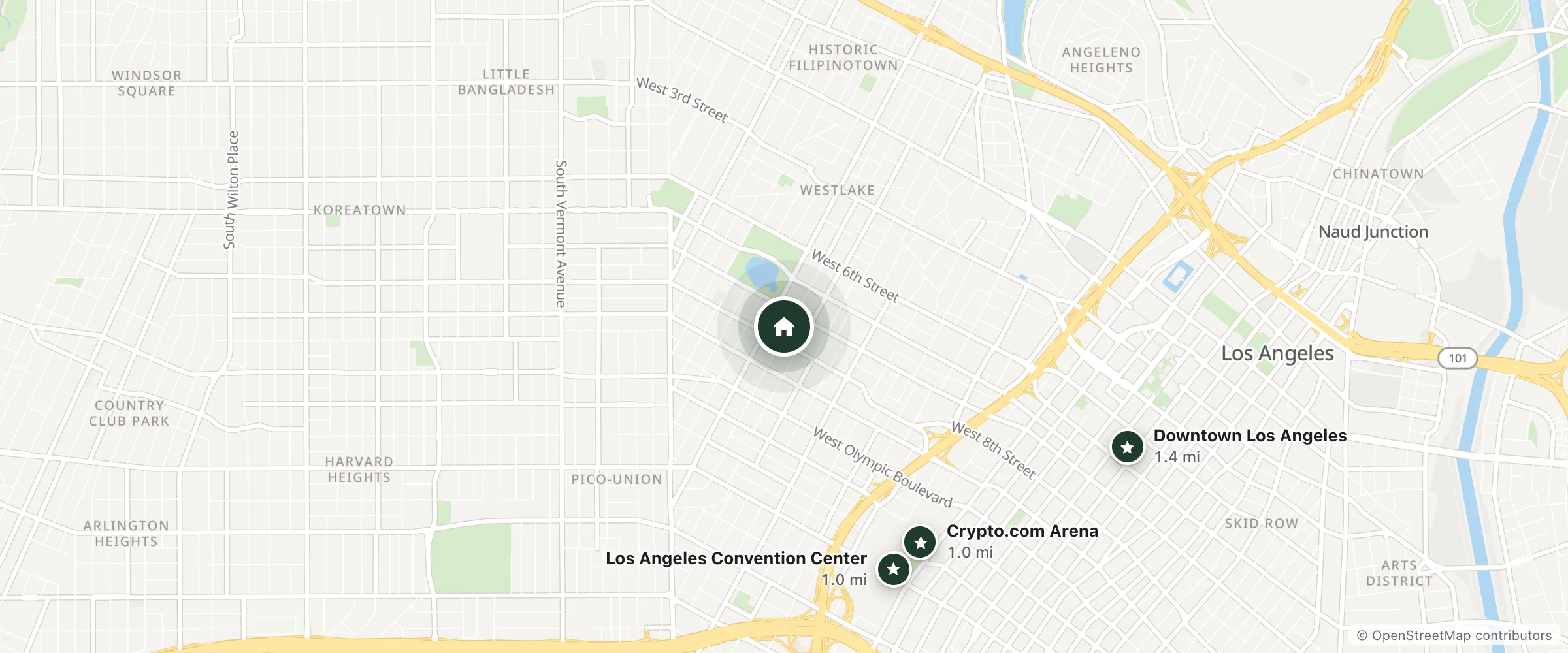 Map of Olympic Hotel and nearby Crypto.com Arena, Los Angeles Convention Center and Downtown Los Angeles