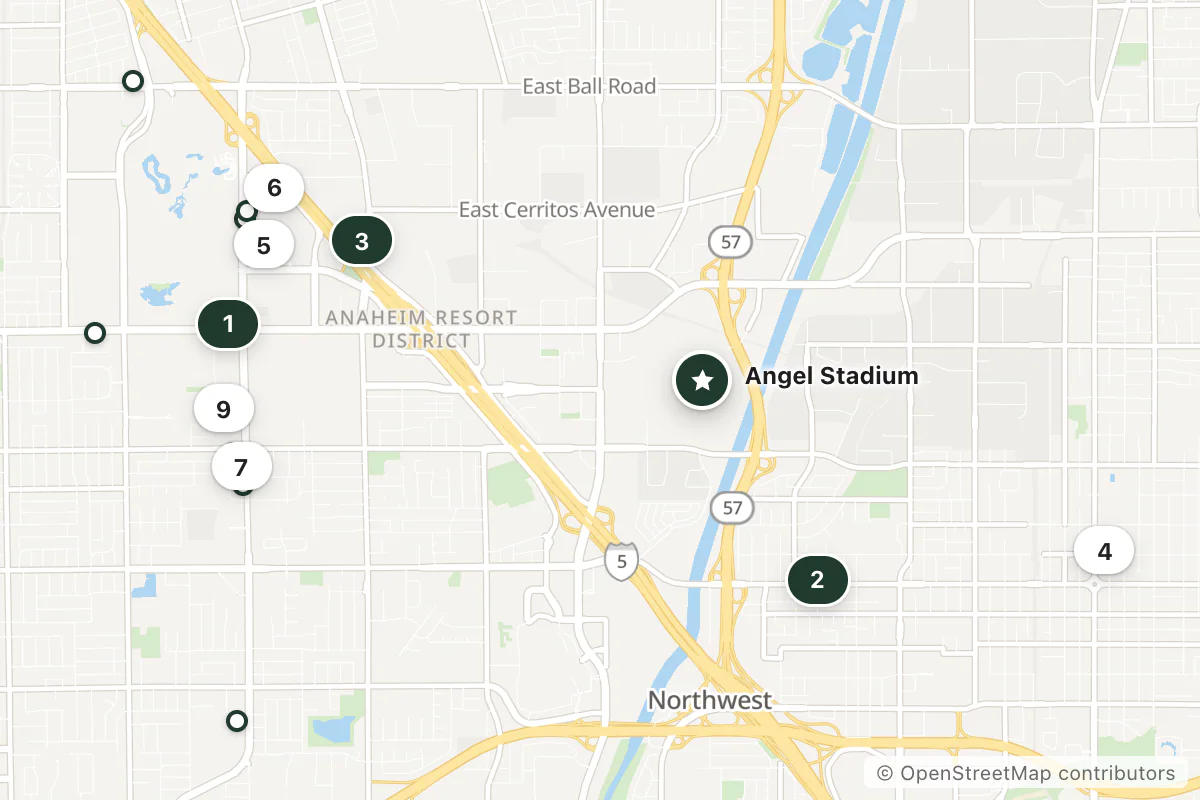 Map of the top 17 hotels for this question around Angel Stadium