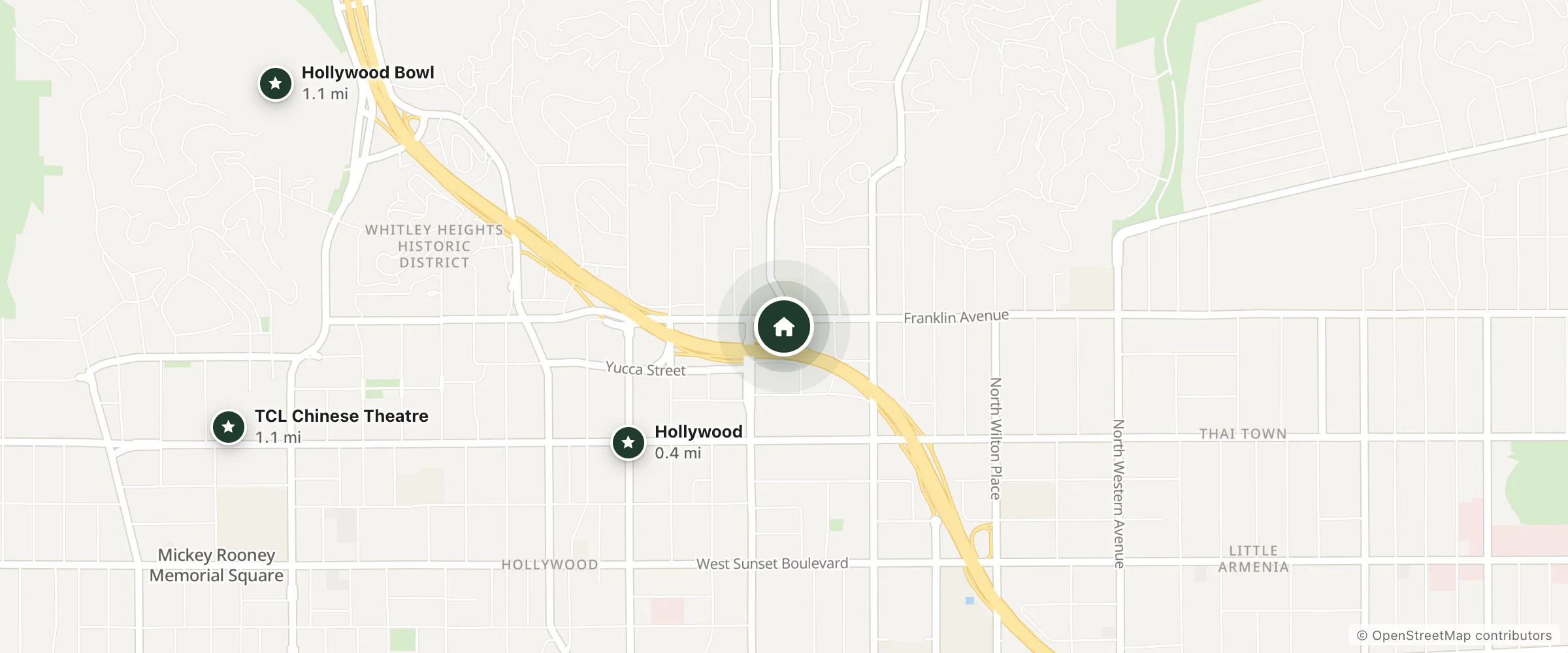 Map of La Mirage Inn and nearby Hollywood, Hollywood Bowl and TCL Chinese Theatre