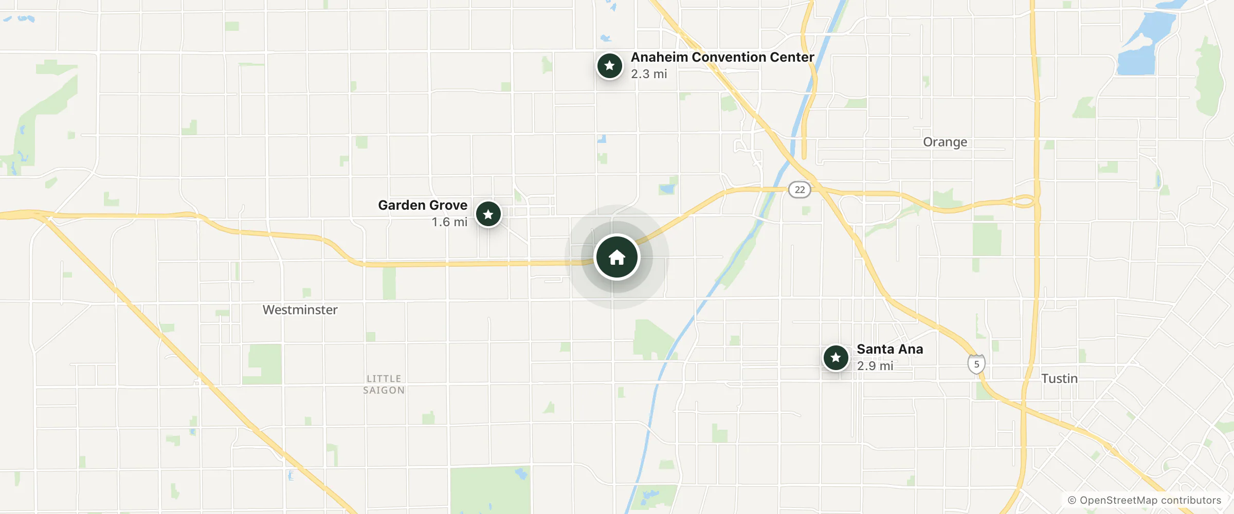 Map of Econo Lodge Inn & Suites and nearby Garden Grove, Anaheim Convention Center and Santa Ana