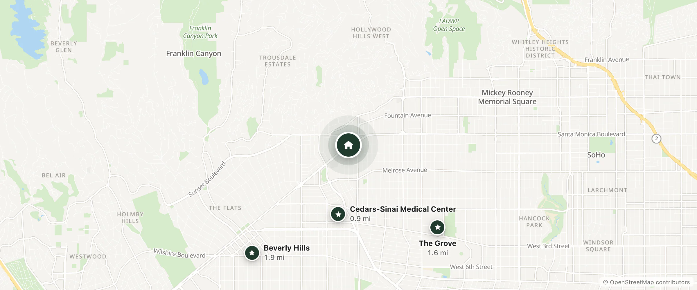 Map of The Infamous Tropicana Motel Hollywood and nearby Cedars-Sinai Medical Center, The Grove and Beverly Hills