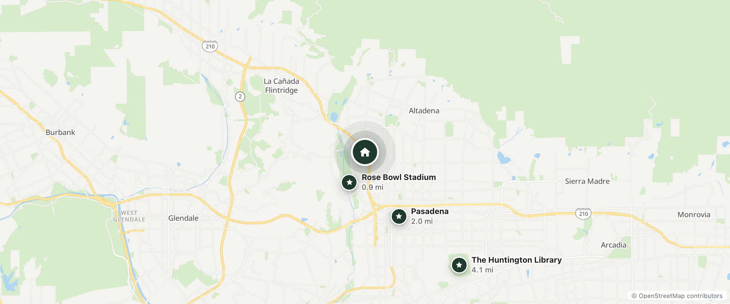 Map of Lincoln Motel and nearby Rose Bowl Stadium, Pasadena and The Huntington Library