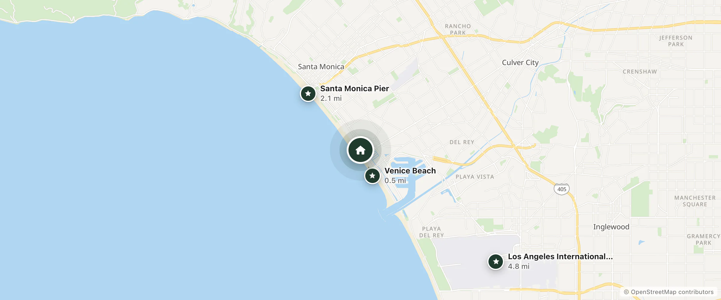 Map of The Redline Venice and nearby Venice Beach, Santa Monica Pier and Los Angeles International Airport