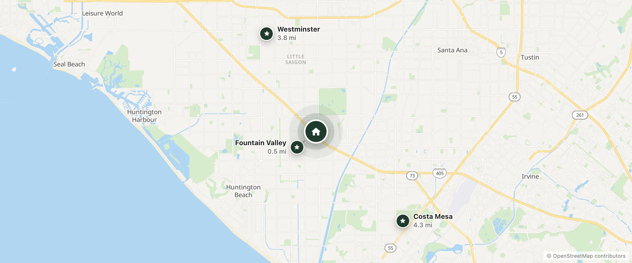 Map of Sonesta ES Suites Huntington Beach Fountain Valley and nearby Fountain Valley, Westminster and Costa Mesa
