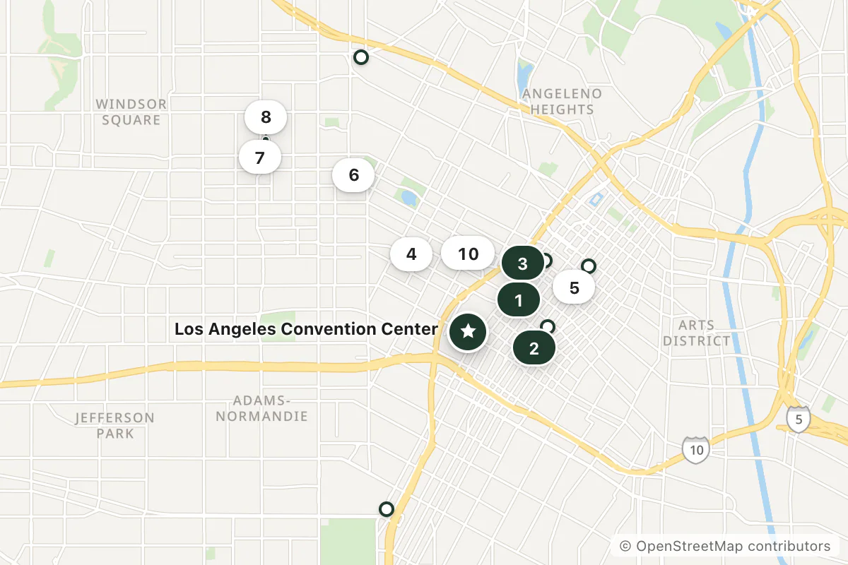 Map of the top 14 hotels for this question around Los Angeles Convention Center