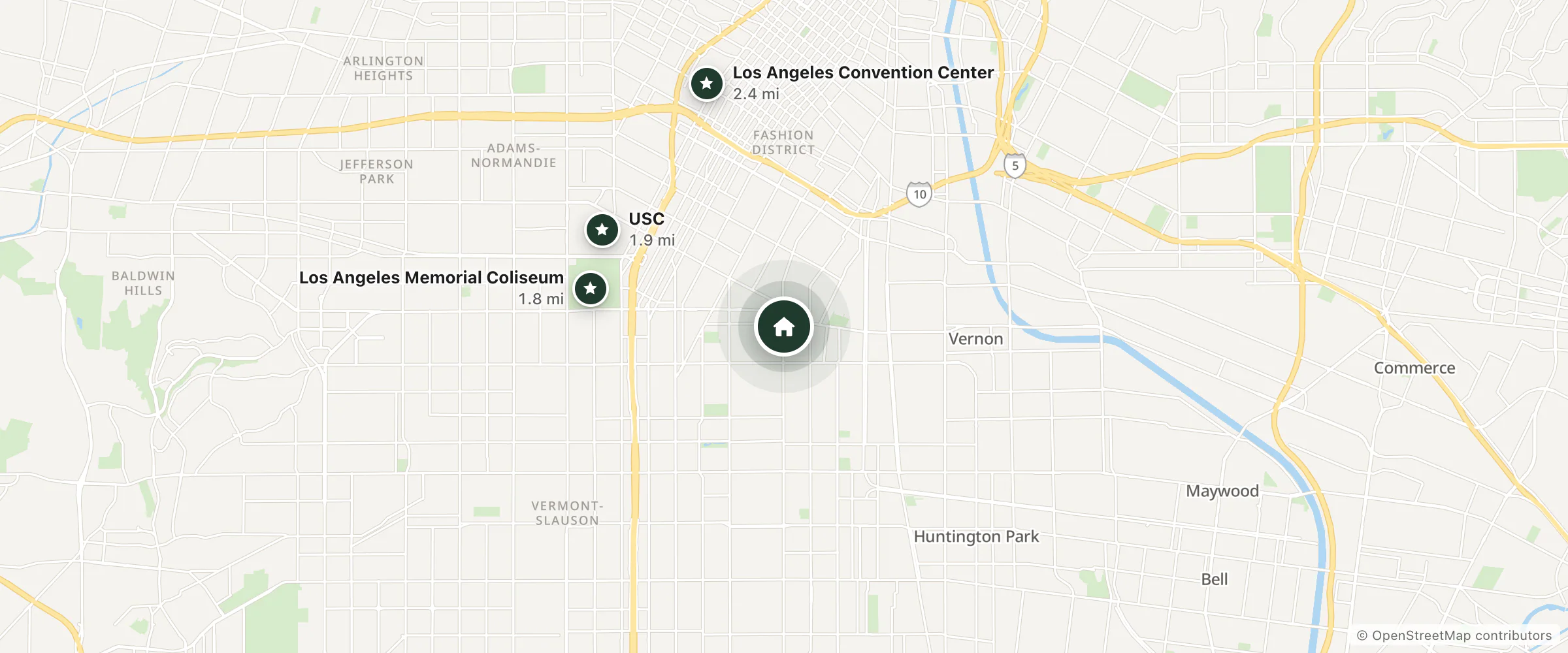 Map of Sand Piper Motel and nearby Los Angeles Memorial Coliseum, USC and Los Angeles Convention Center