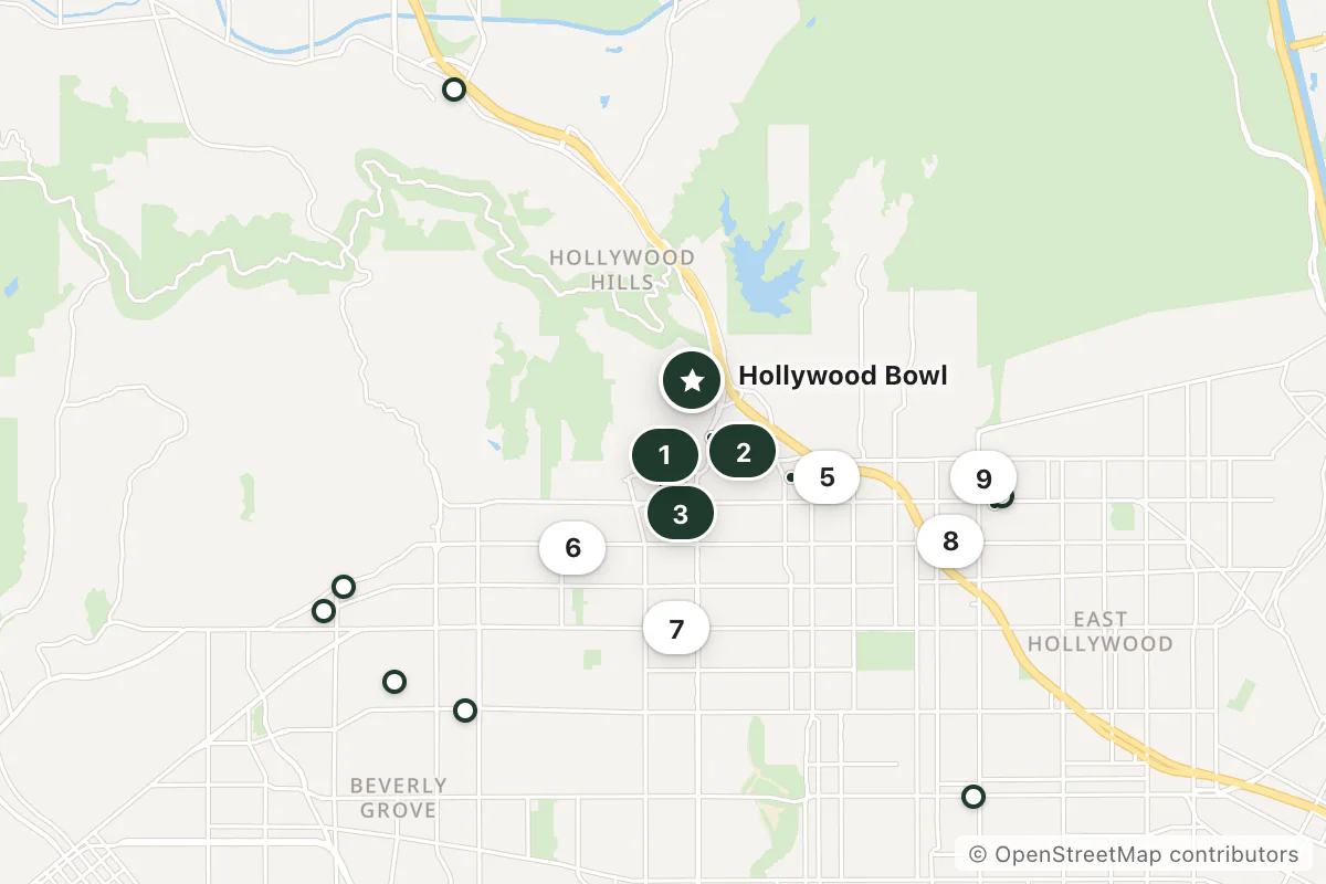 Map of the top 16 hotels for this question around Hollywood Bowl