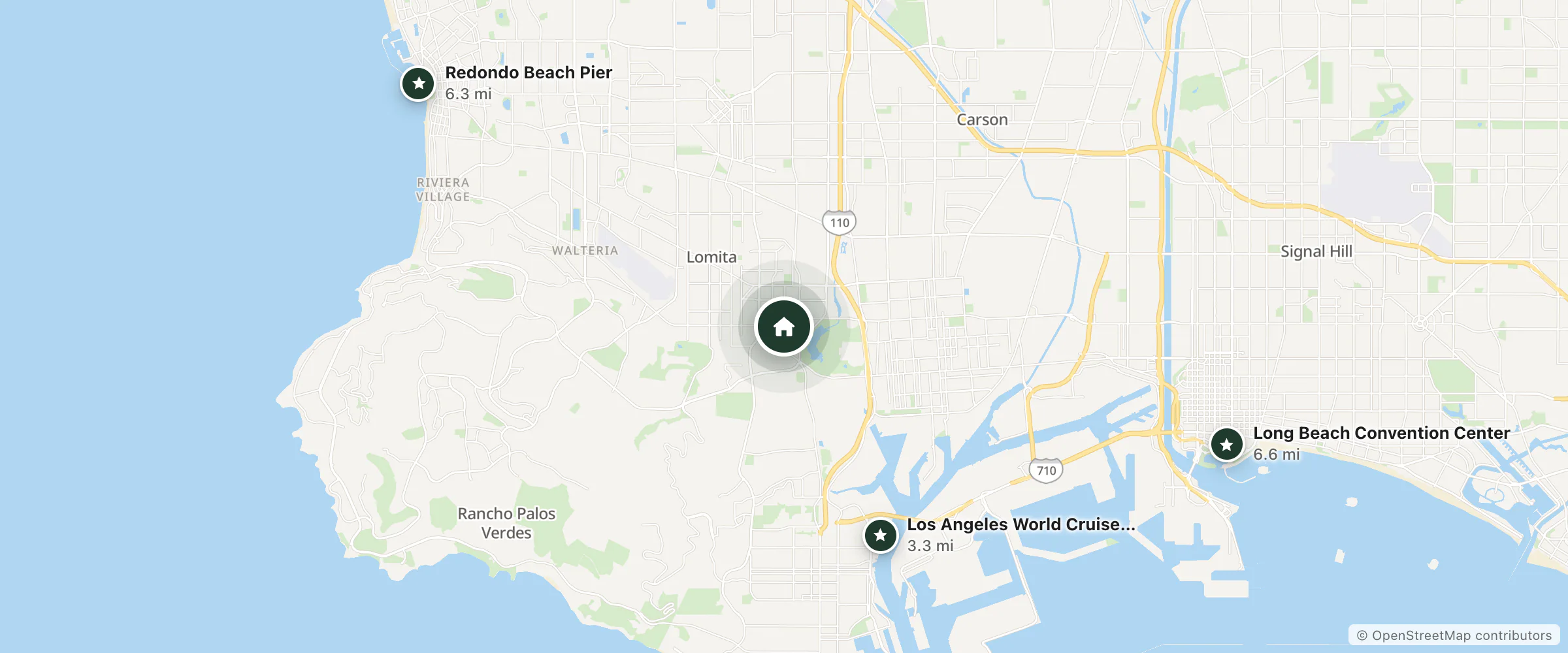 Map of Unik Motel and nearby Los Angeles World Cruise Center, Redondo Beach Pier and Long Beach Convention Center