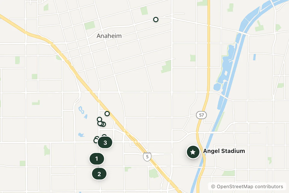 Map of the top 14 hotels for this question around Angel Stadium