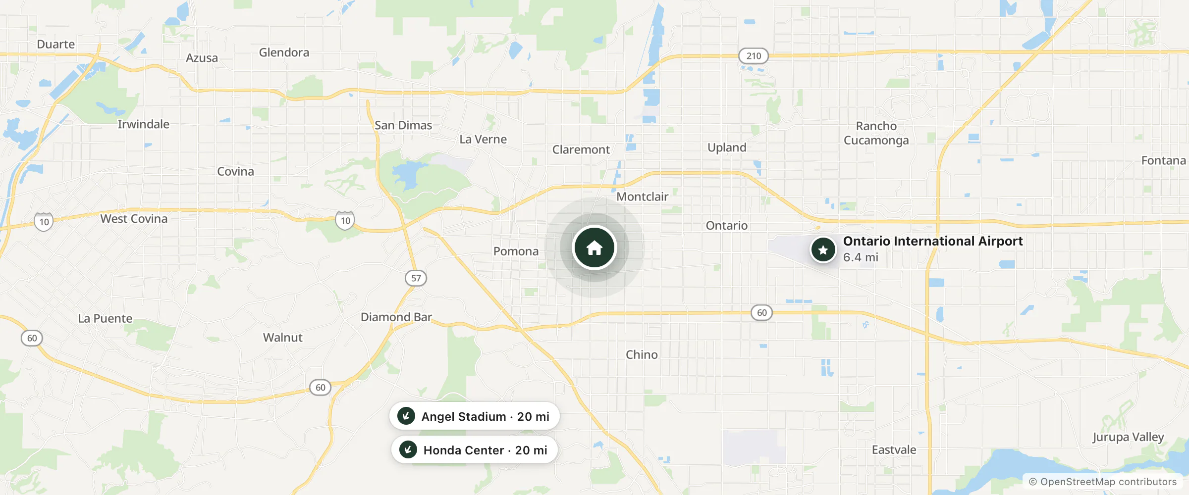Map of Motel Trella and nearby Ontario International Airport, Honda Center and Angel Stadium