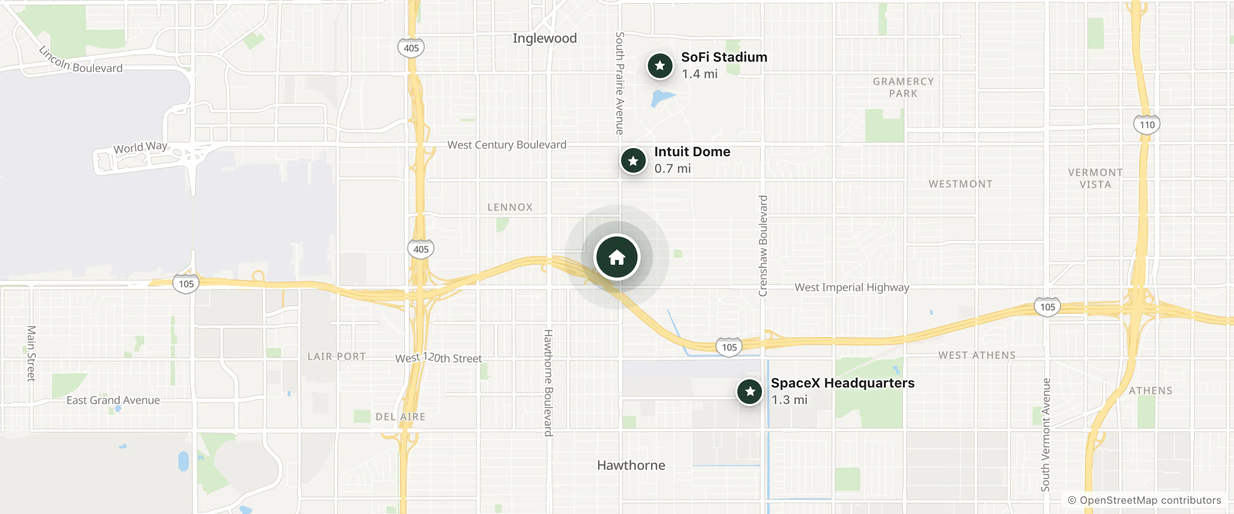 Map of Welcome Inn and nearby Intuit Dome, SpaceX Headquarters and SoFi Stadium