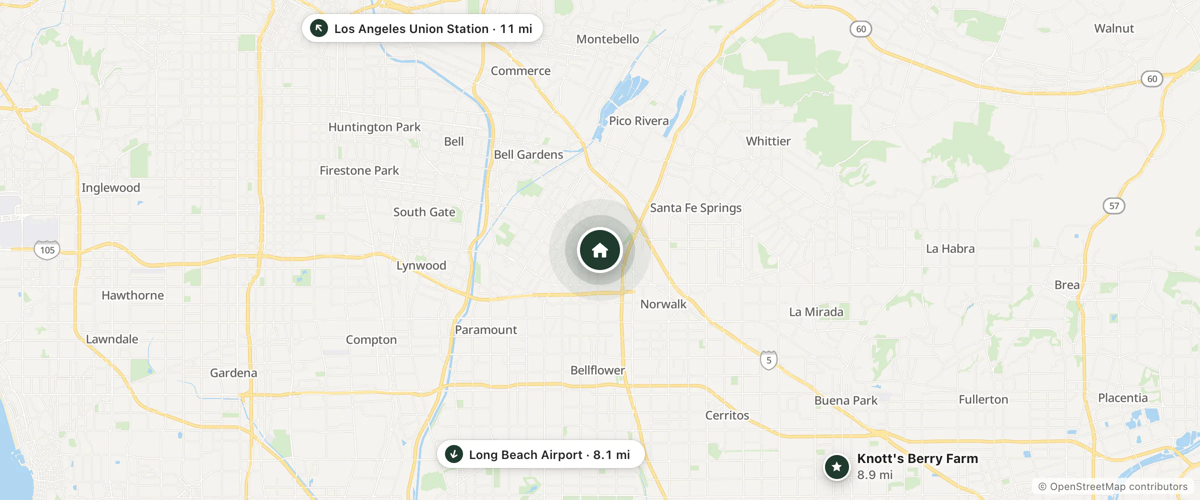 Map of Quality Inn Downey and nearby Long Beach Airport, Knott's Berry Farm and Los Angeles Union Station