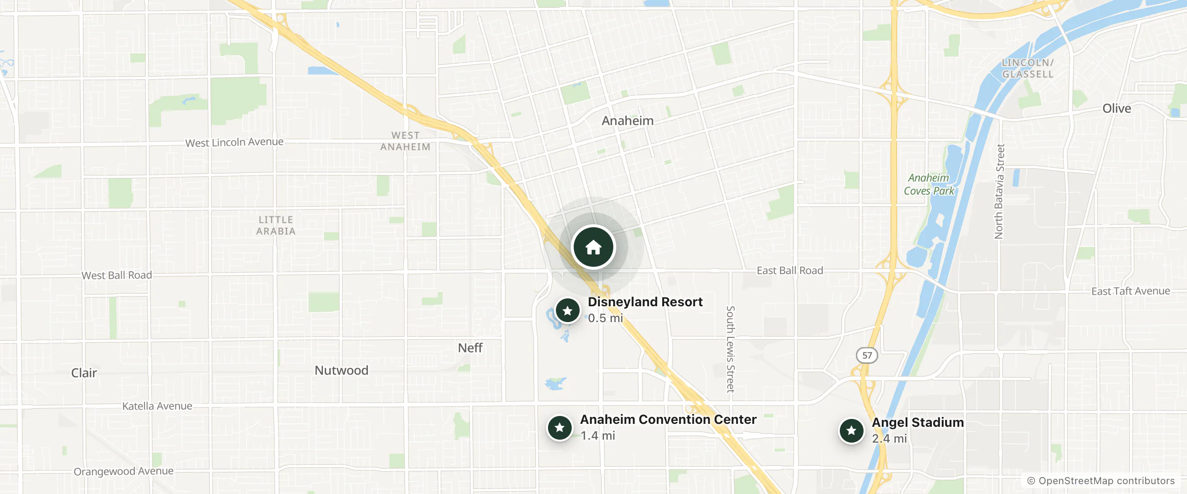 Map of Ramada by Wyndham Anaheim Maingate North and nearby Disneyland Resort, Anaheim Convention Center and Angel Stadium