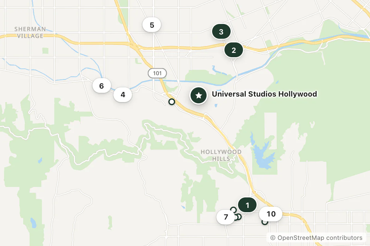 Map of the top 13 hotels for this question around Universal Studios Hollywood