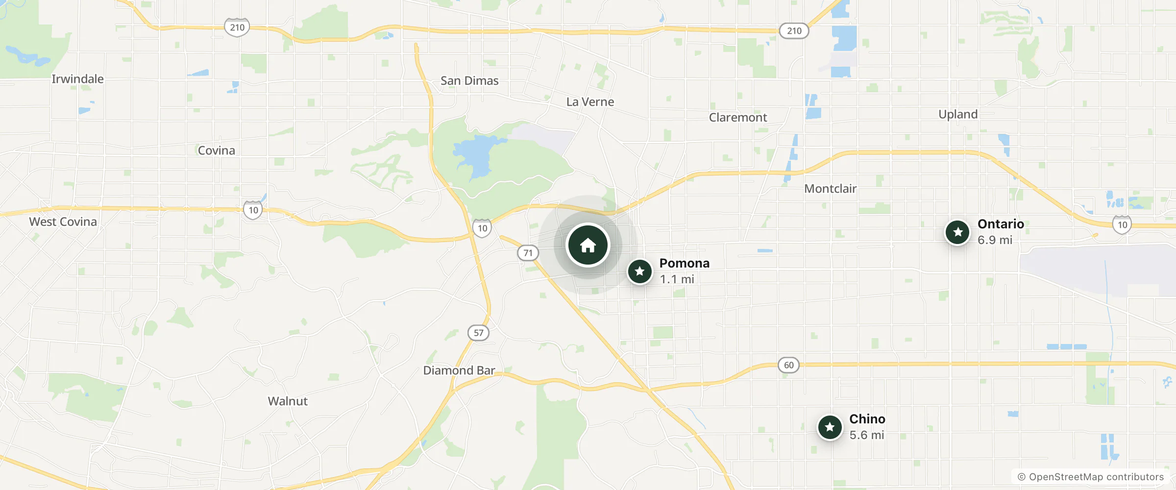 Map of Royla Motel Pomona and nearby Pomona, Chino and Ontario