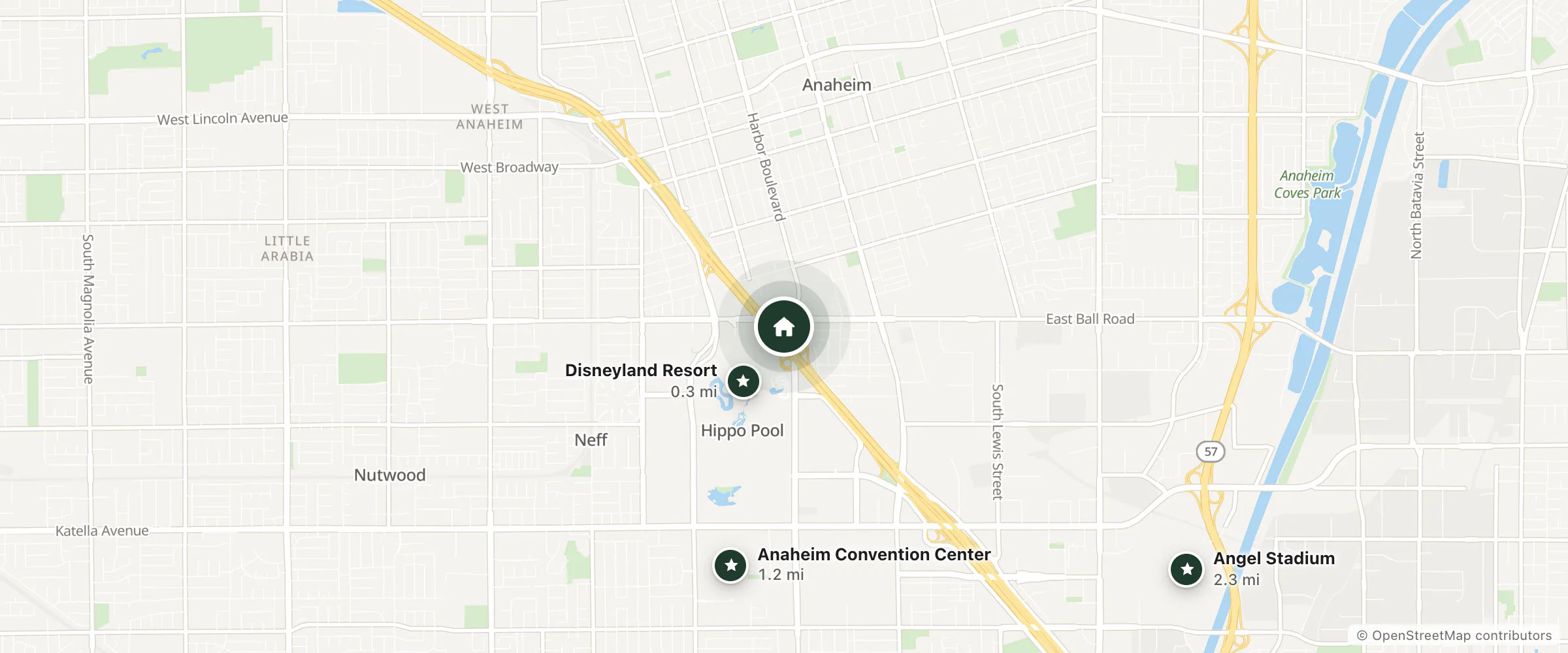 Map of Four Points By Sheraton and nearby Disneyland Resort, Anaheim Convention Center and Angel Stadium