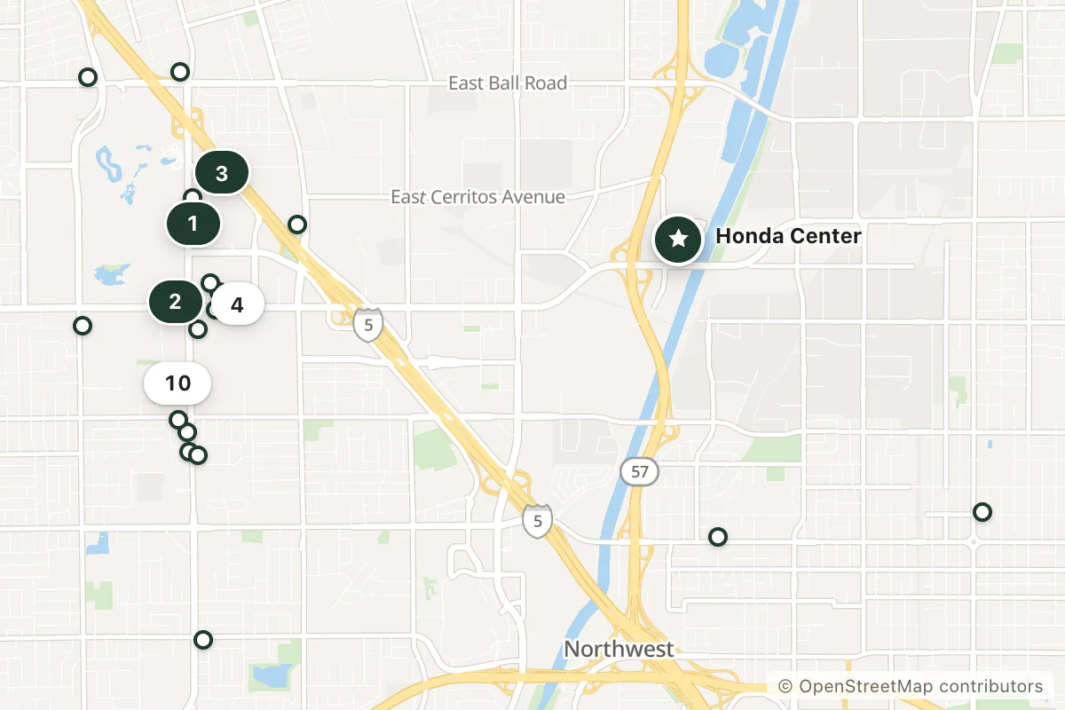 Map of the top 25 hotels for this question around Honda Center