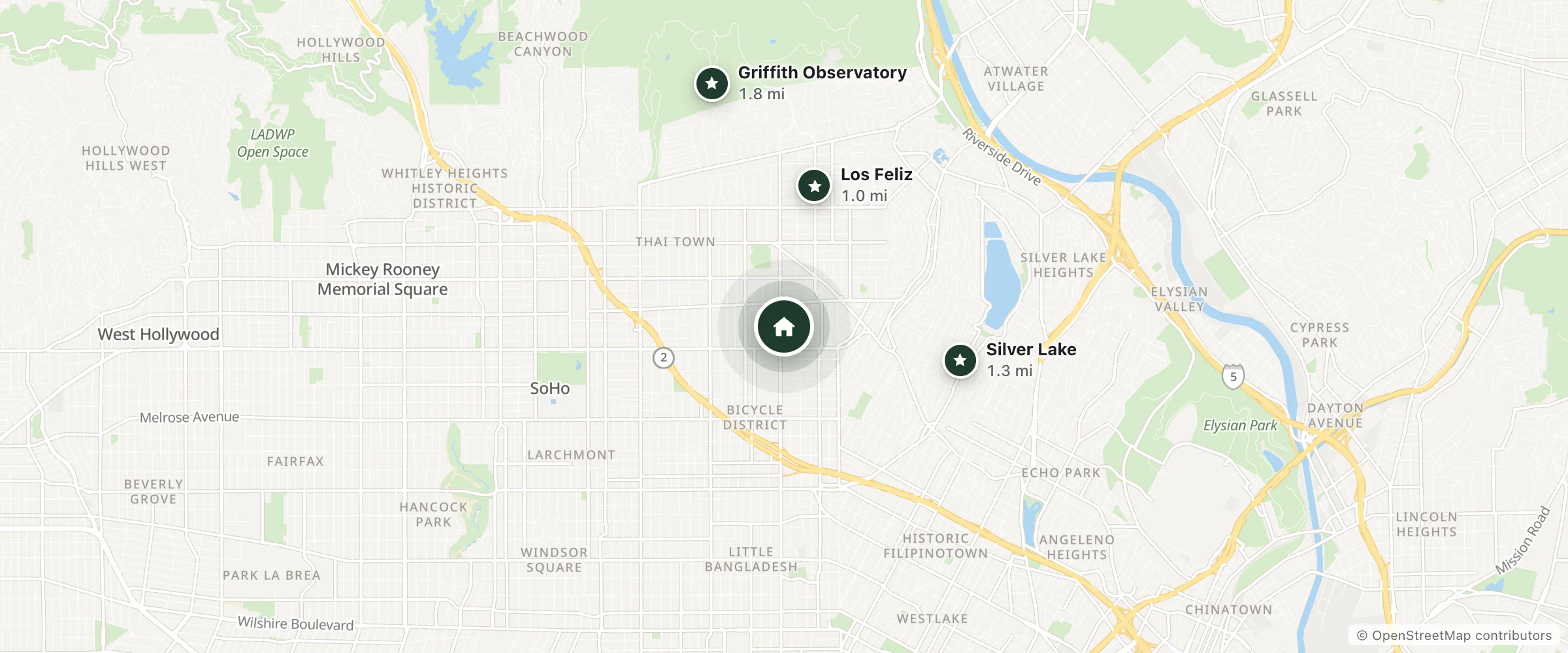 Map of Hollywood Hotel and nearby Los Feliz, Silver Lake and Griffith Observatory