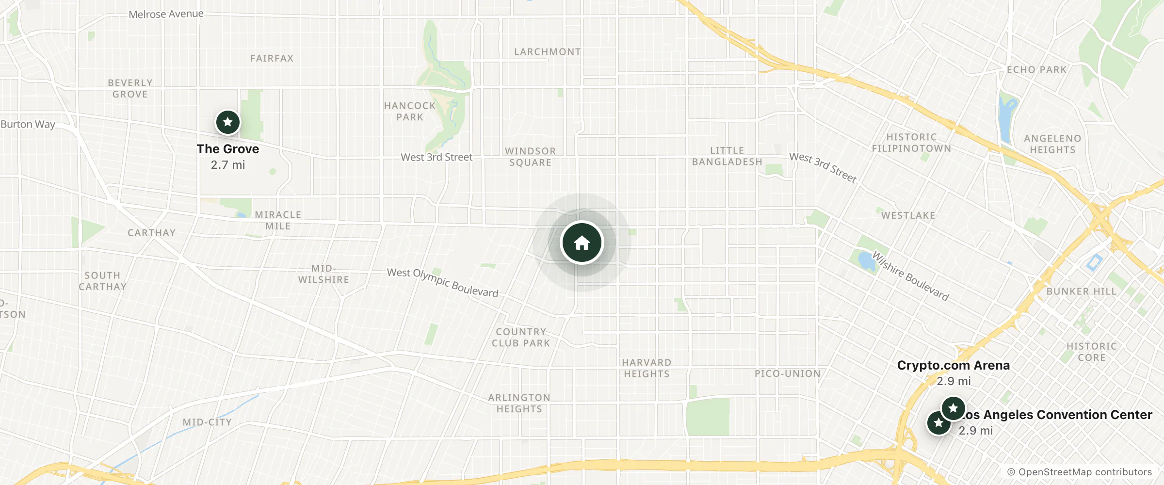 Map of Oasis Hostel 2 and nearby The Grove, Los Angeles Convention Center and Crypto.com Arena