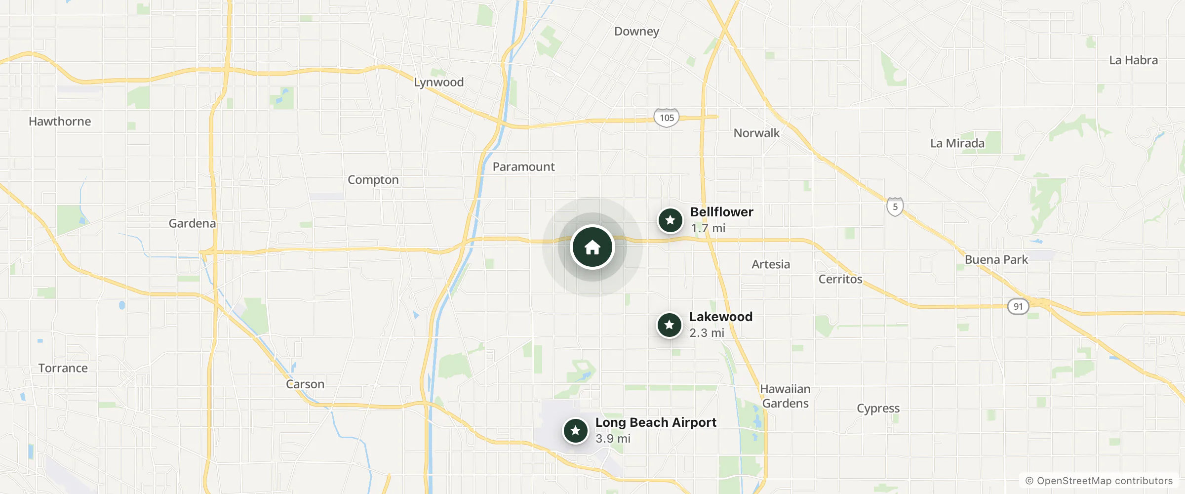 Map of Red Roof Inn and nearby Bellflower, Lakewood and Long Beach Airport