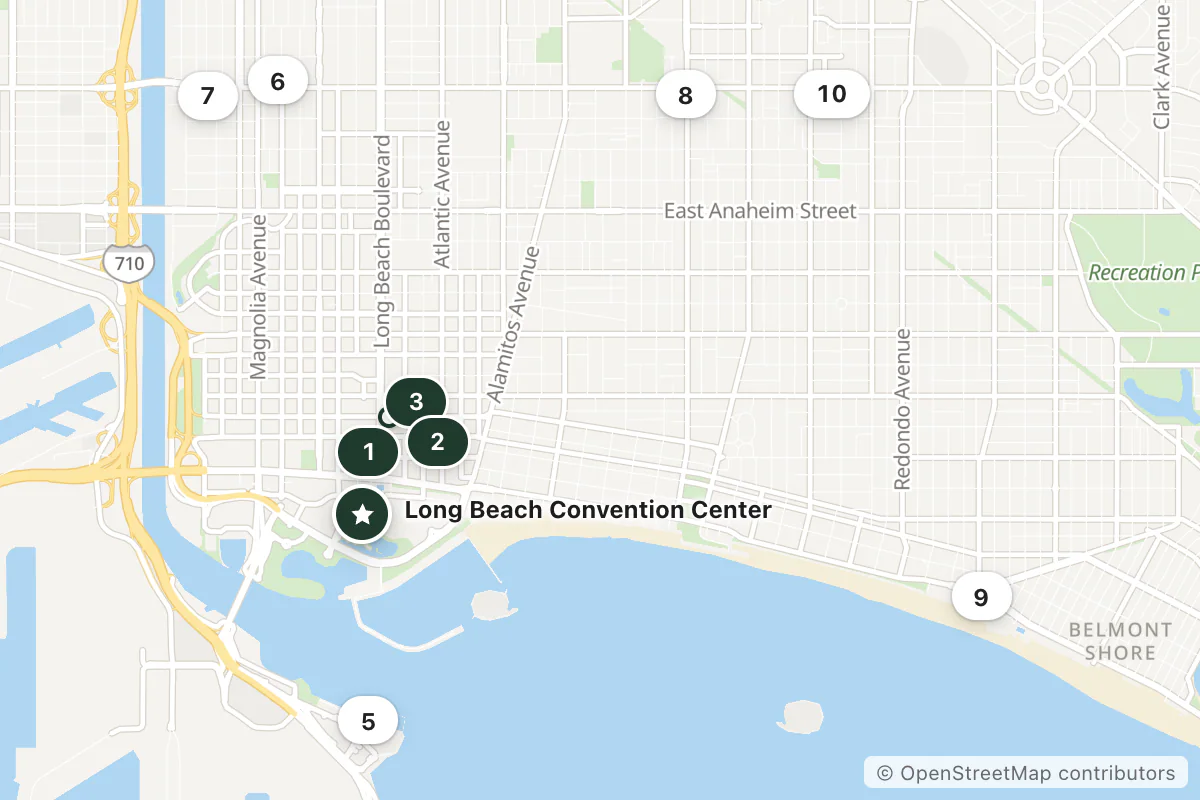 Map of the top 11 hotels for this question around Long Beach Convention Center