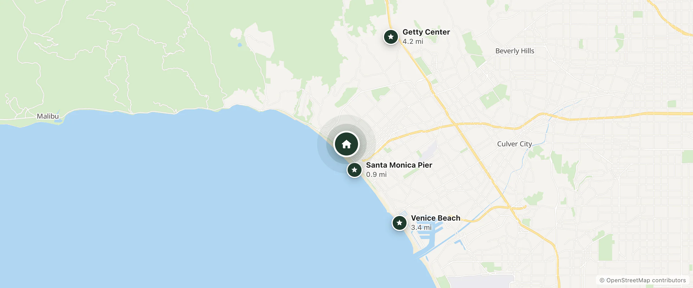 Map of Palihouse Santa Monica and nearby Santa Monica Pier, Venice Beach and Getty Center